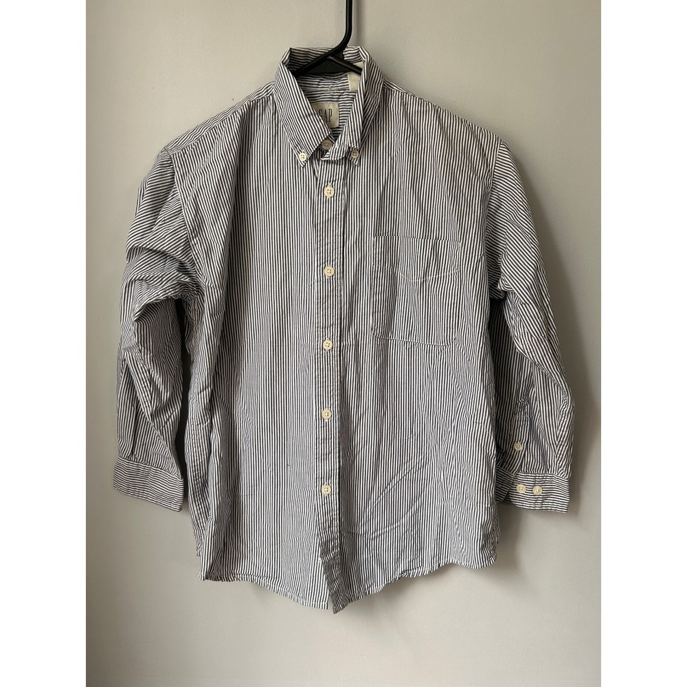 Gap Kids Boys Navy Blue White Striped Button Down Shirt Size L 9-10 Cotton